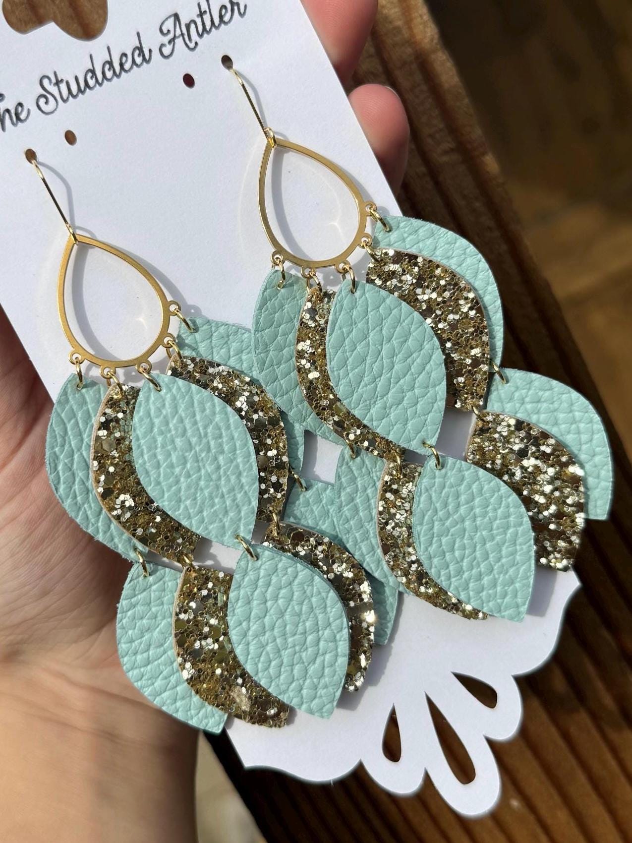 Mint Blue and Gold Glitter Genuine Leather Multi-layered Hoop Earrings