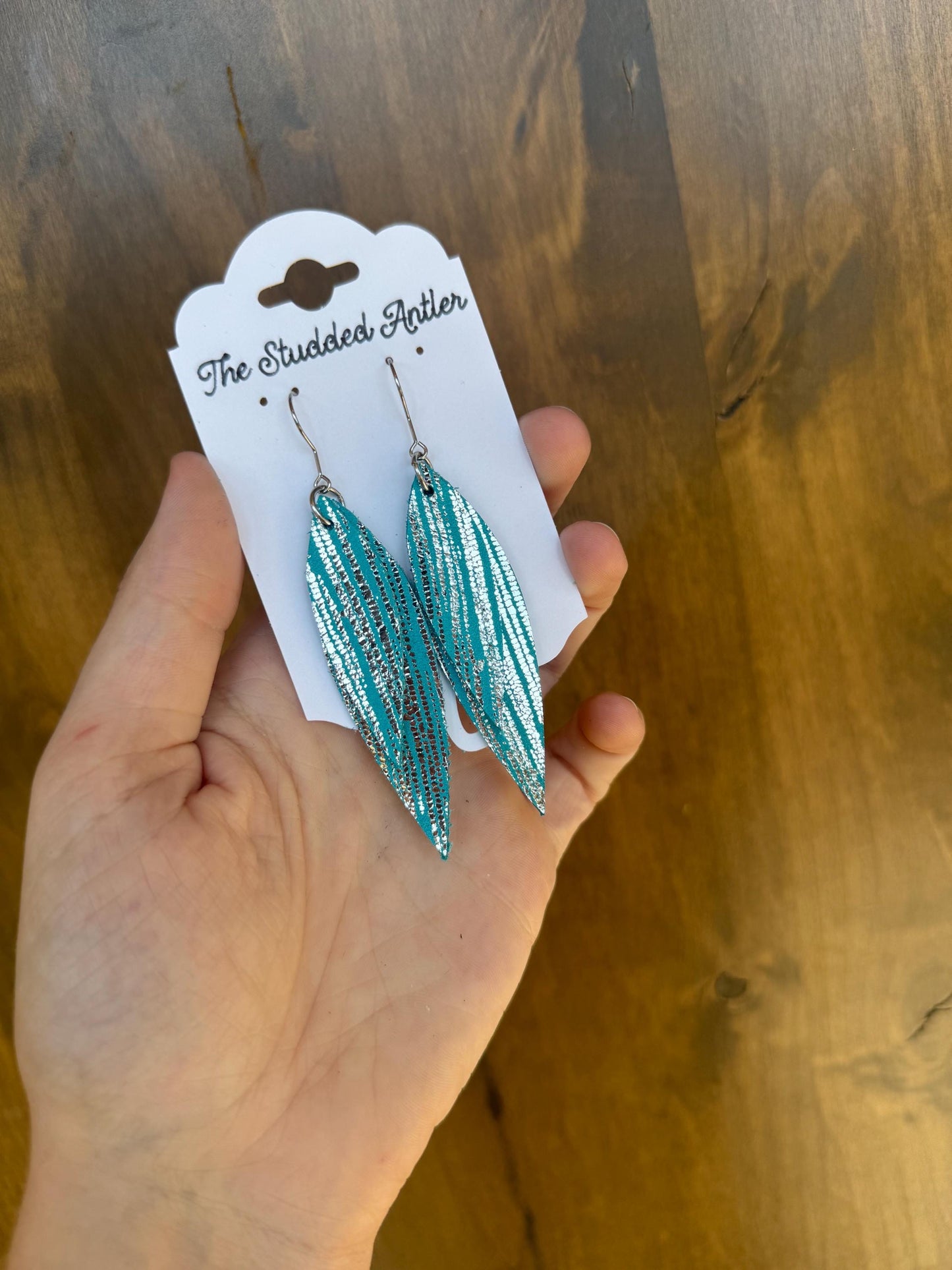 Teal Silver leather earrings, oval earrings, pave CZ bling earring, boho, rustic, dangle long earring, metallic, lightweight, hypoallergenic