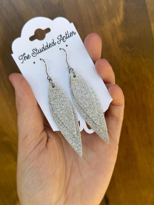 Teardrop Genuine Leather Earrings - Silver Glitter