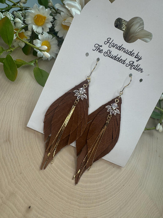 Fringe Feather Genuine Leather Earrings - Light brown and Gold