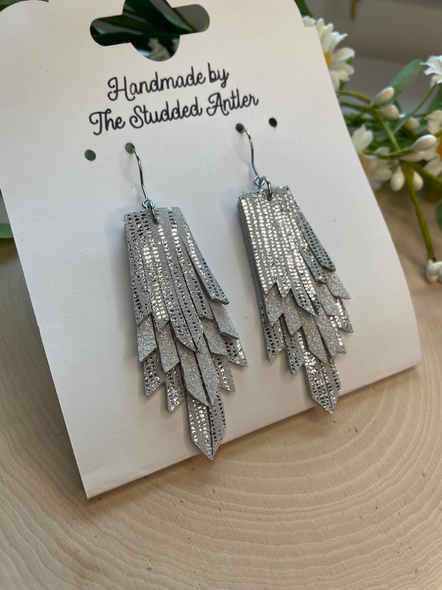 Fringe Feather Genuine Leather Earrings - White and Silver Metallic