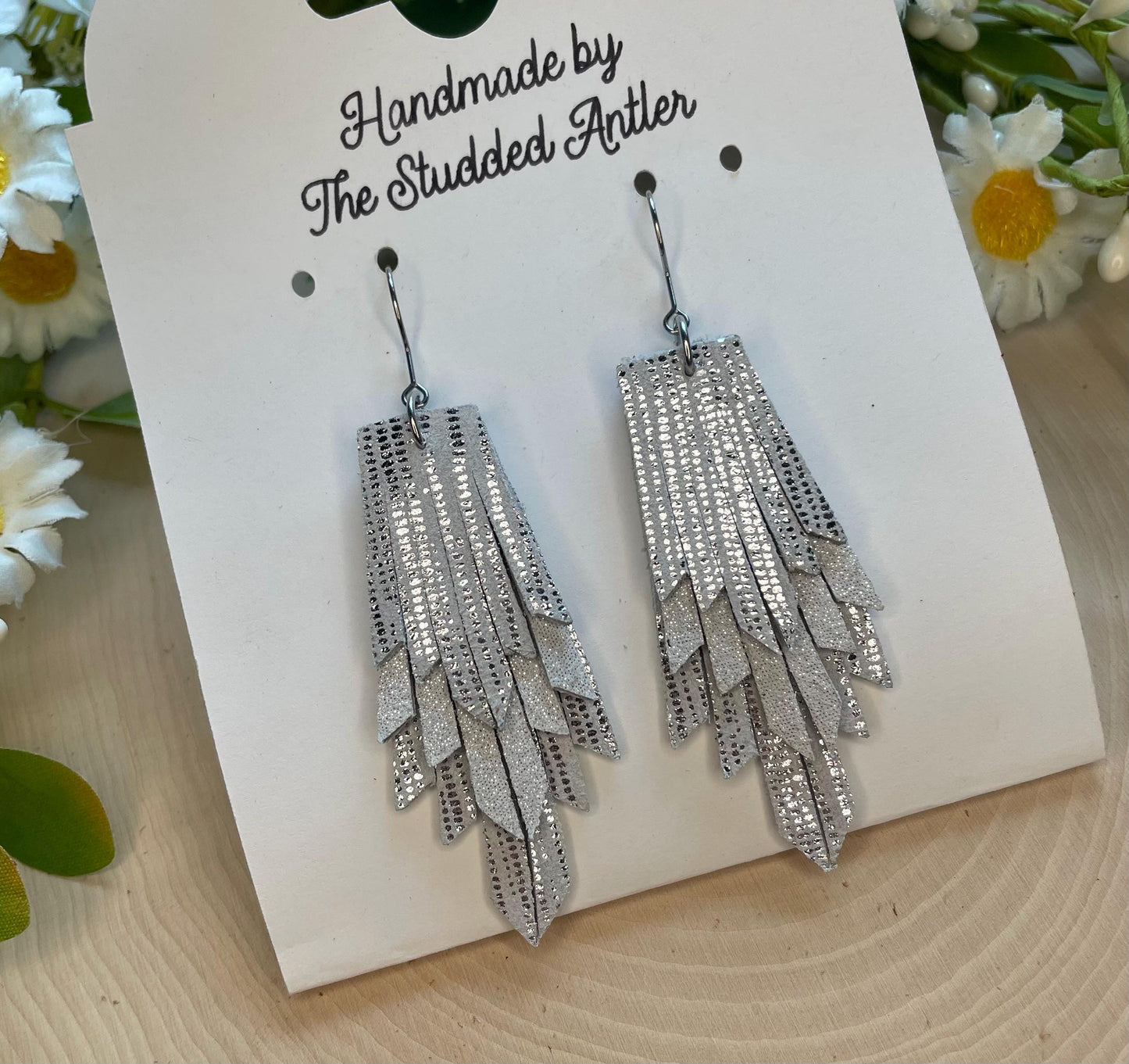 Fringe Feather Genuine Leather Earrings - White and Silver Metallic