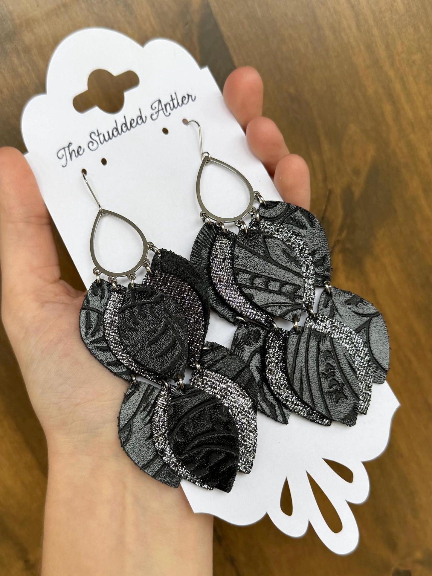 Teardrop Hoop Genuine Leather Earrings - Black Tooled Sparkle