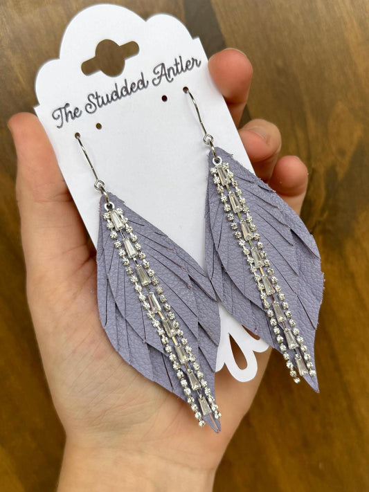 Fringe Feather Genuine Leather Earrings - Light Purple Gold and Silver