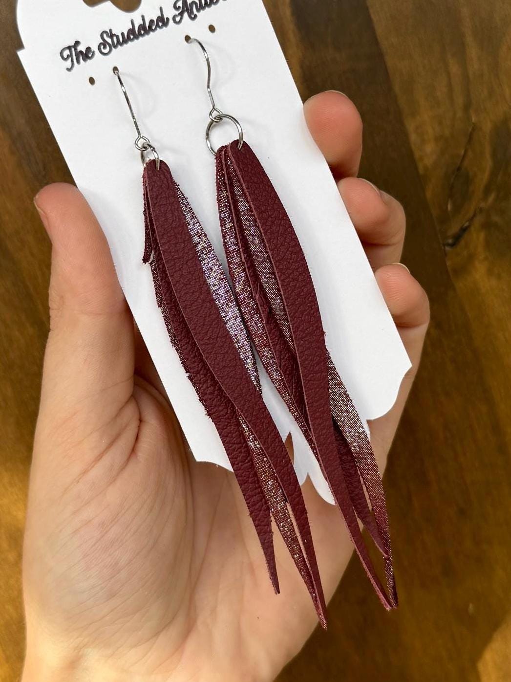 Fringe Feather Genuine Leather Earrings - Red Burgundy