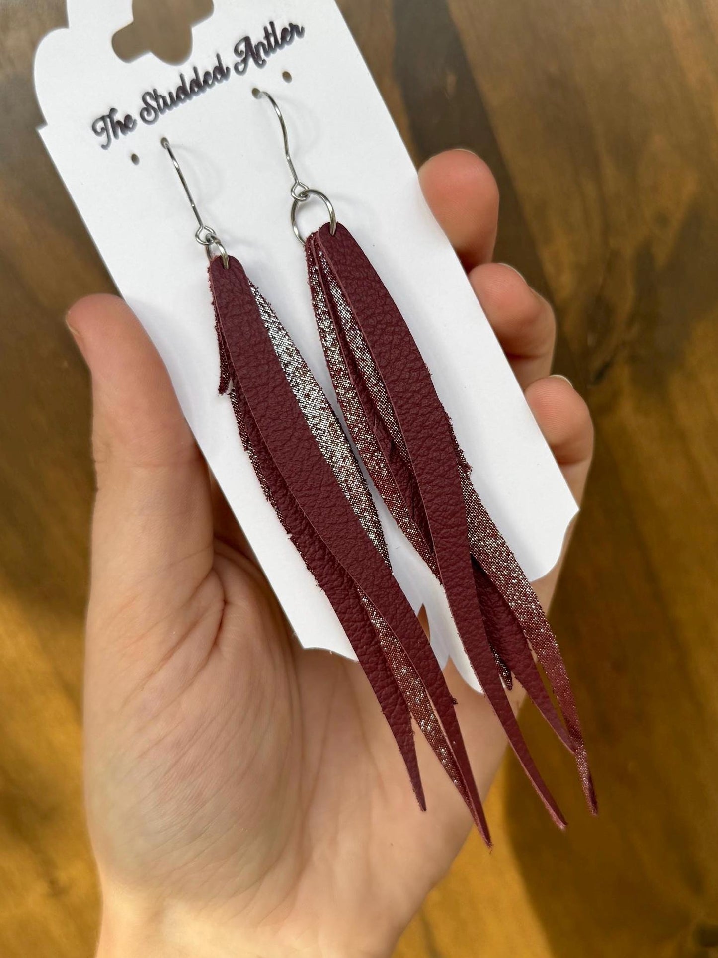 Fringe Feather Genuine Leather Earrings - Red Burgundy