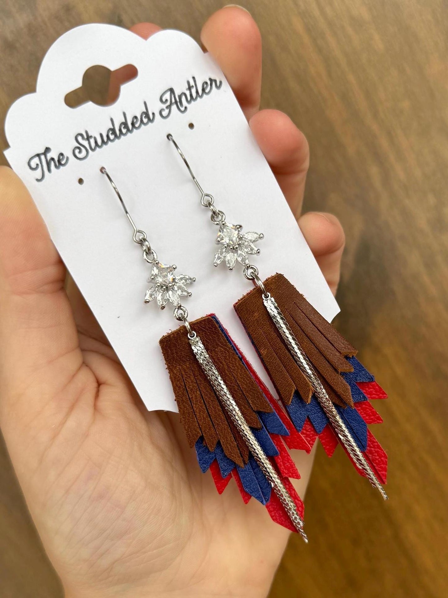 Fringe Feather Genuine Leather Earrings - Brown, Red, Blue and Silver