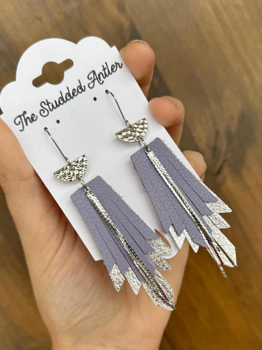 Fringe Feather Genuine Leather Earrings - Silver and Light Purple