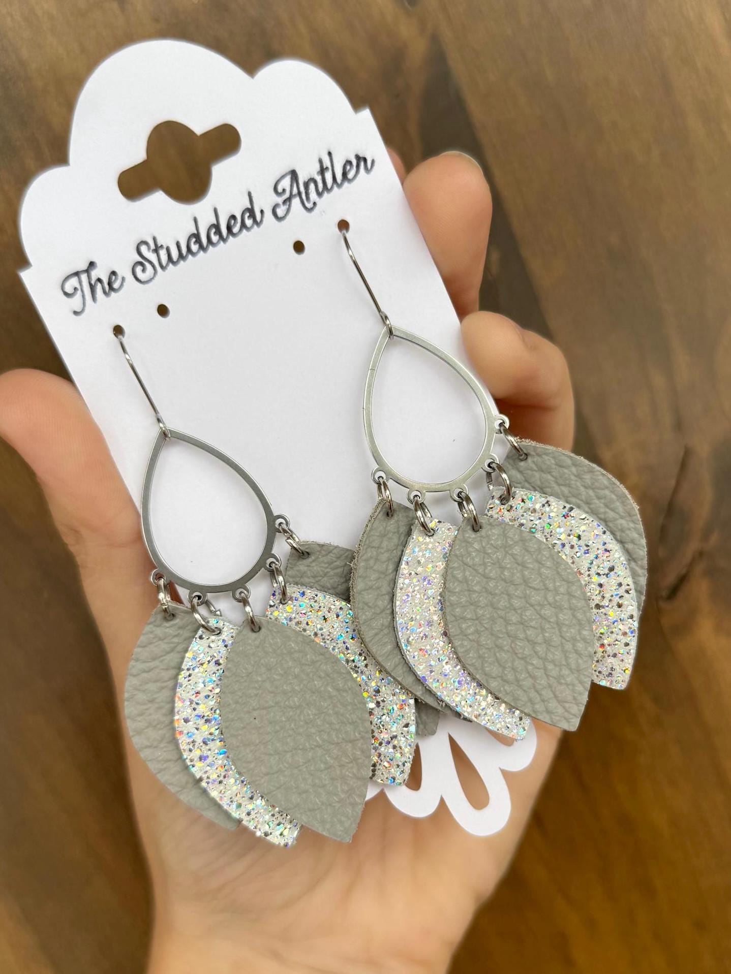 Teardrop Hoop Genuine Leather Earrings - Gray and White Sparkle