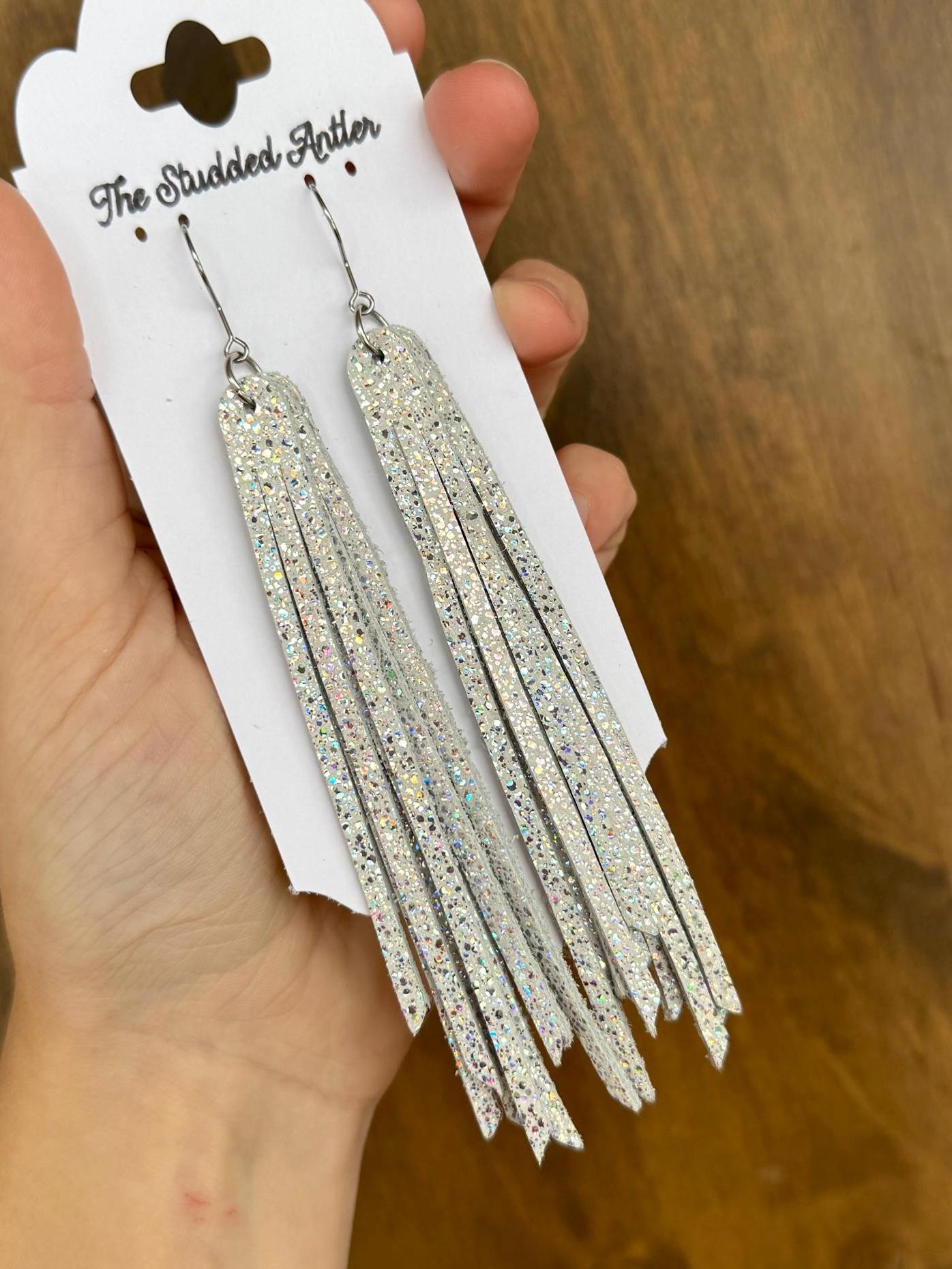 Fringe  Genuine Leather Earrings - White Sparkle