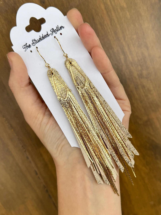 Fringe Feather Genuine Leather Earrings - Gold Shimmer