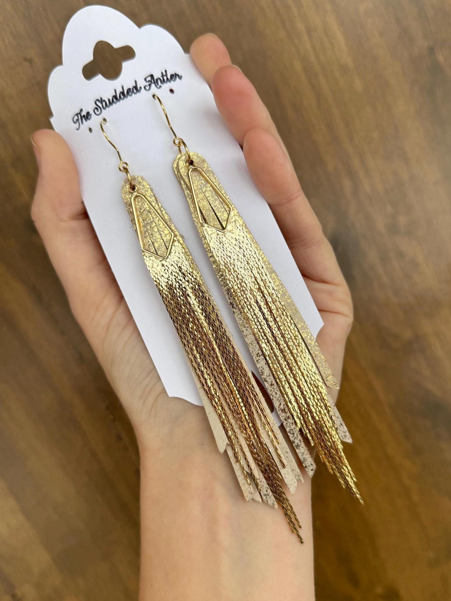 Fringe Feather Genuine Leather Earrings - Gold Shimmer