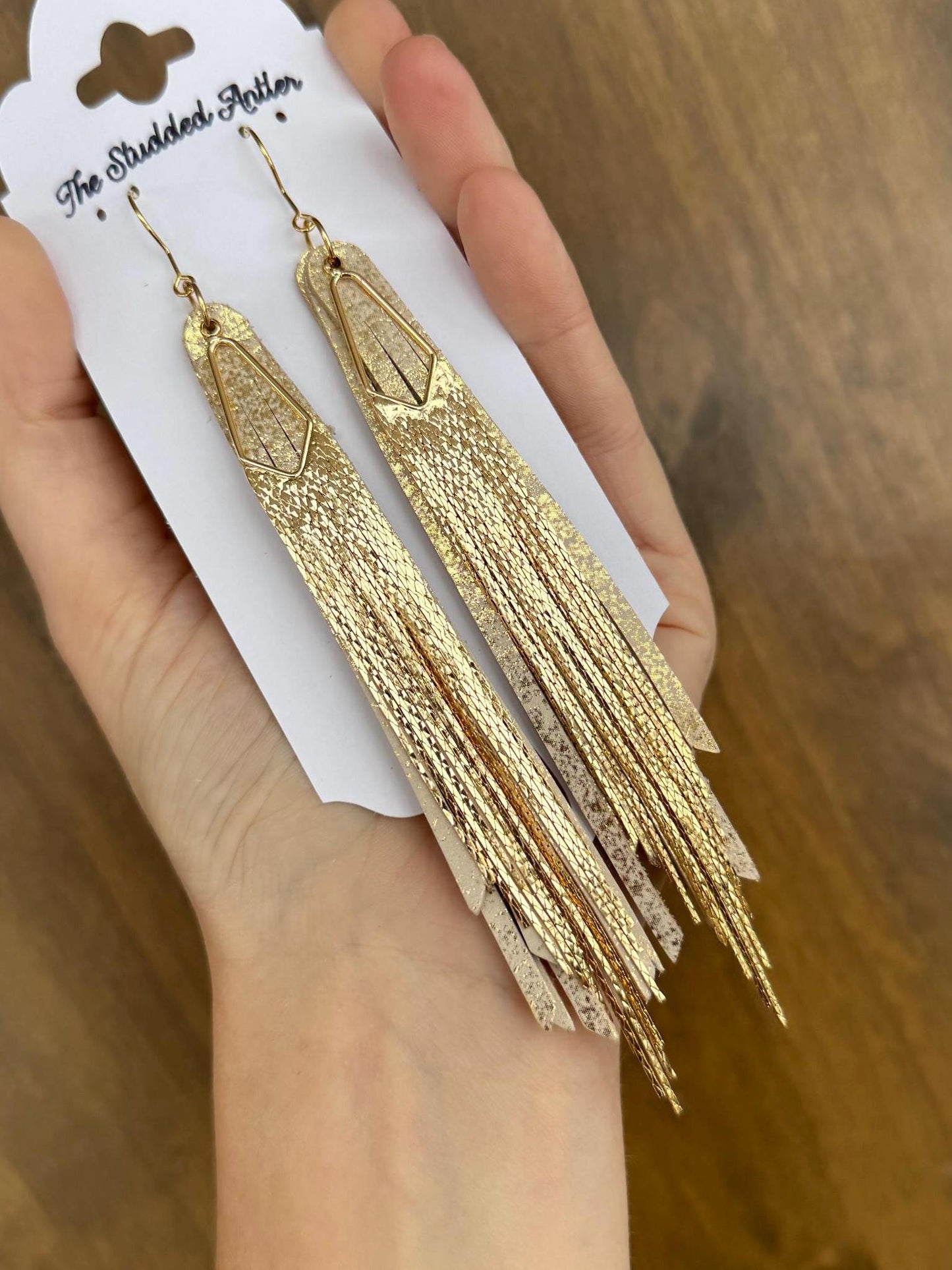 Fringe Feather Genuine Leather Earrings - Gold Shimmer