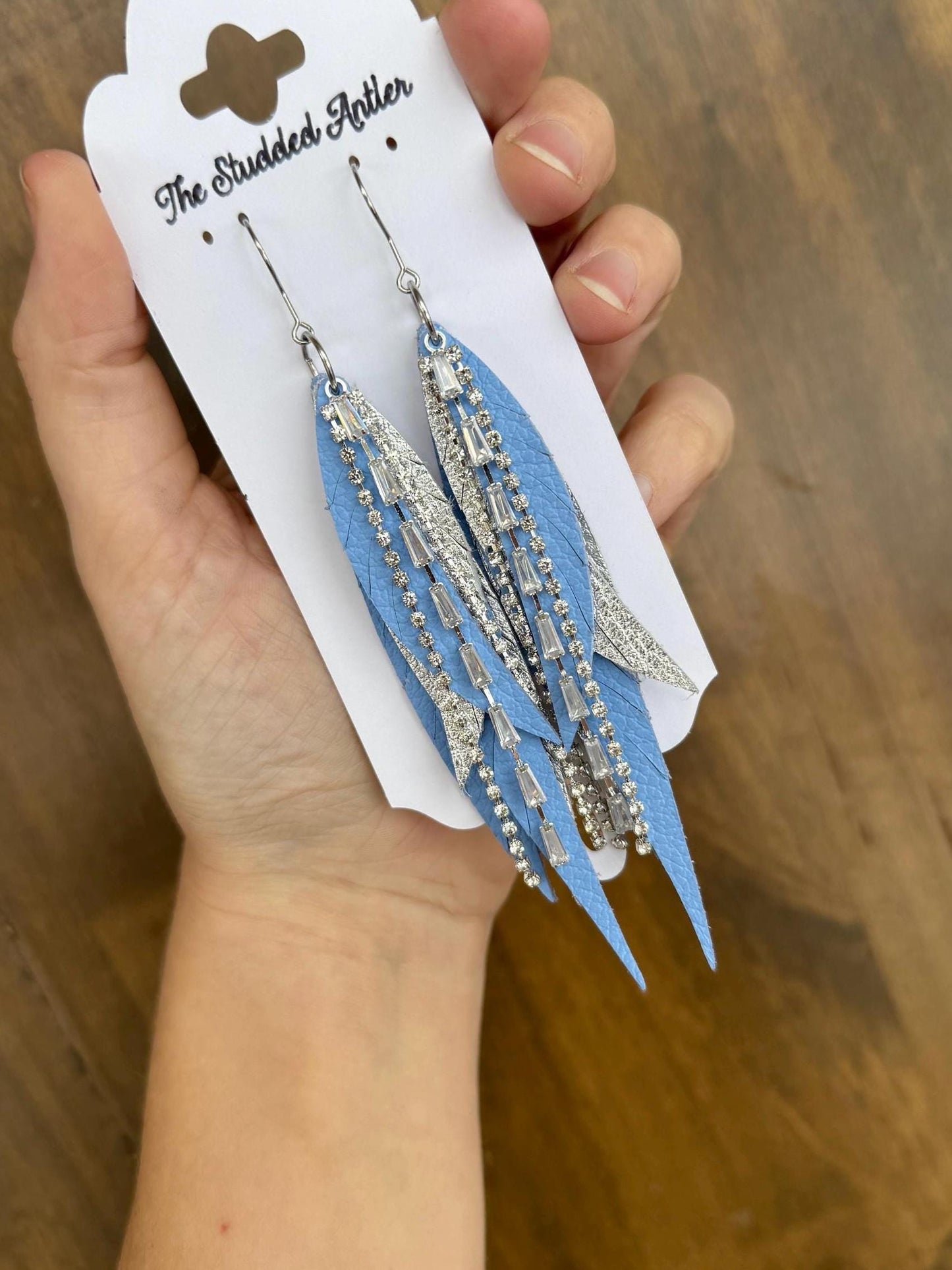 Fringe Feather Genuine Leather Earrings - Blue and Silver