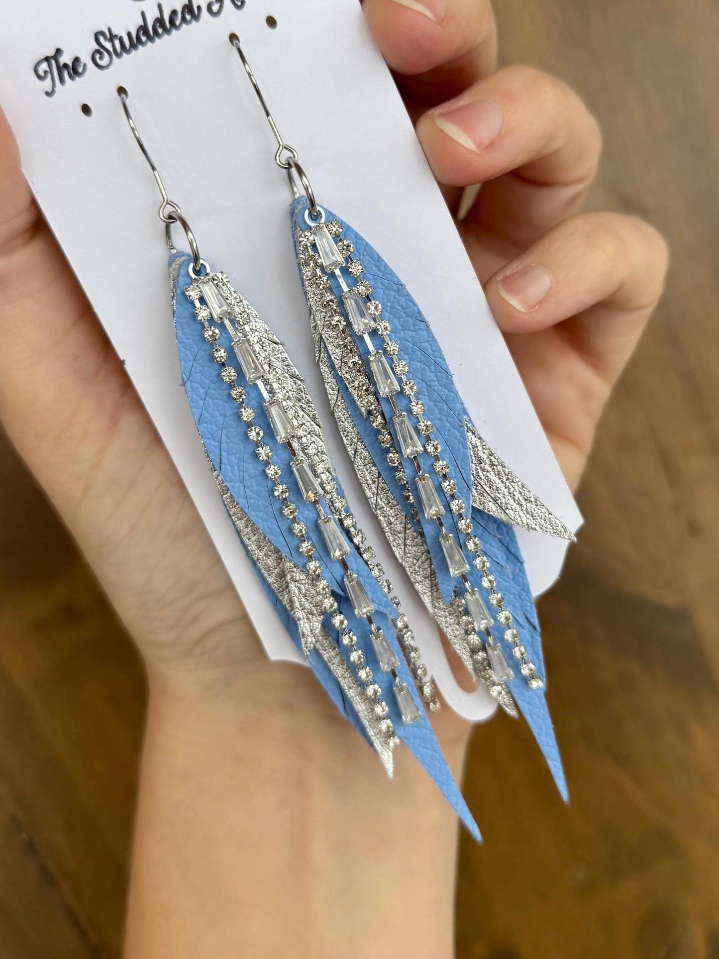 Fringe Feather Genuine Leather Earrings - Blue and Silver