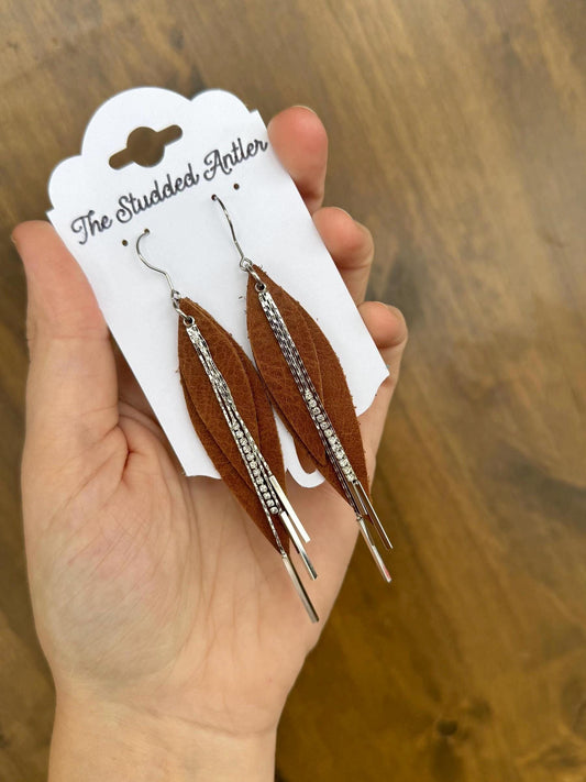 Brown Leather Earrings, fringe earrings, western rodeo jewelry, Oval earrings, long dangle earrings, gifts for her, gifts for mom,