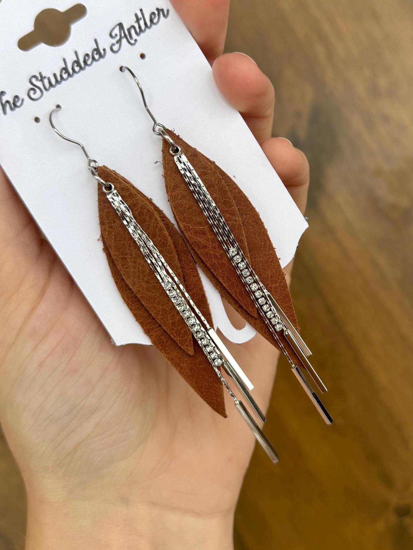 Brown Leather Earrings, fringe earrings, western rodeo jewelry, Oval earrings, long dangle earrings, gifts for her, gifts for mom,