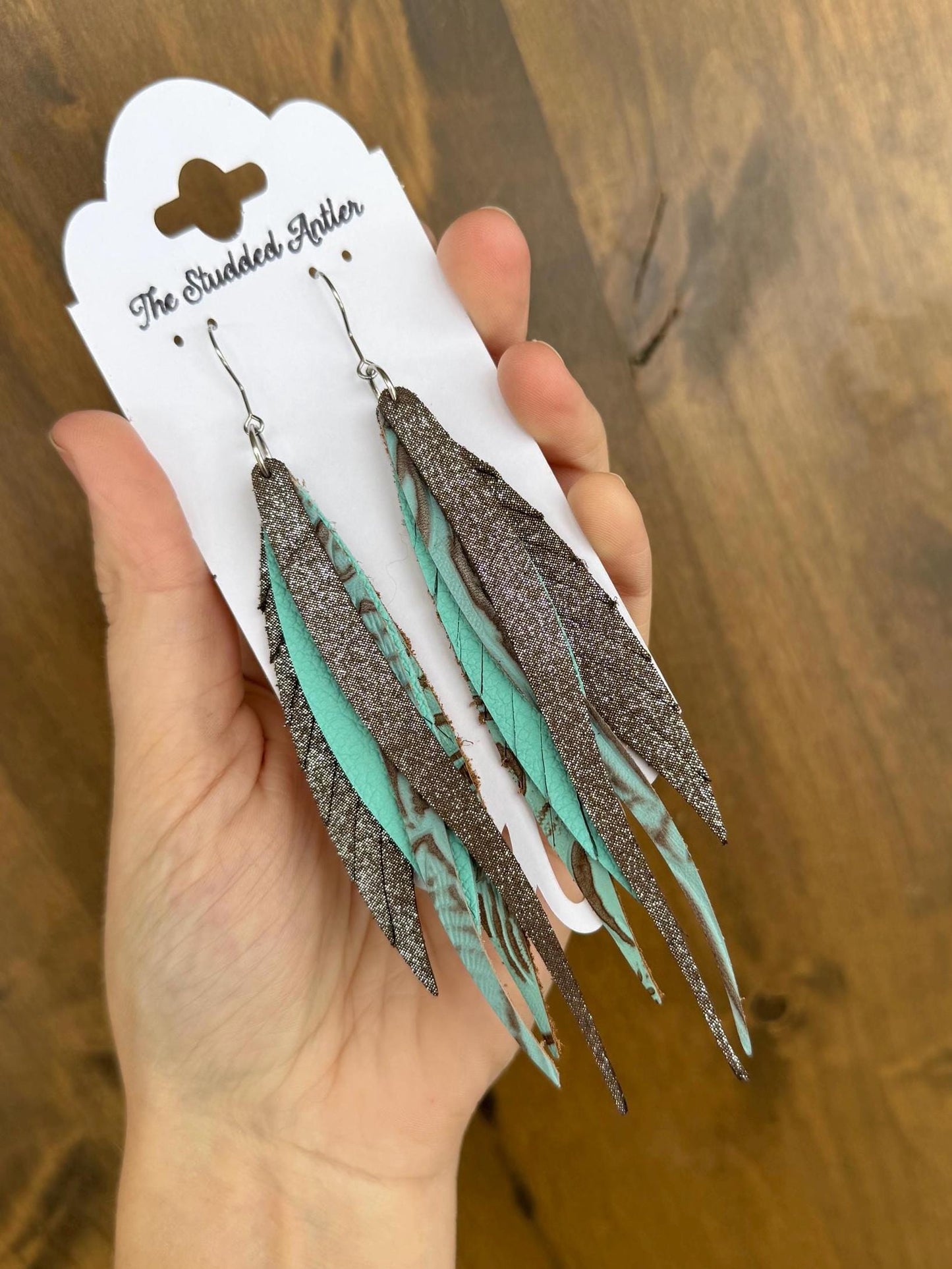 Fringe Feather Genuine Leather Earrings - Aqua Blue and Brown