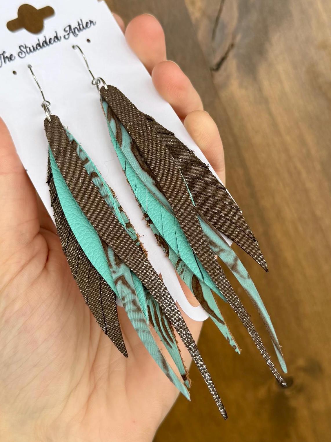 Fringe Feather Genuine Leather Earrings - Aqua Blue and Brown