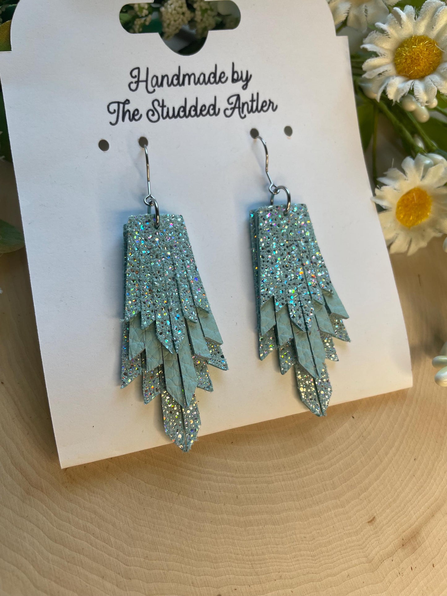 Fringe Feather Genuine Leather Earrings - Mint Blue Sparkle