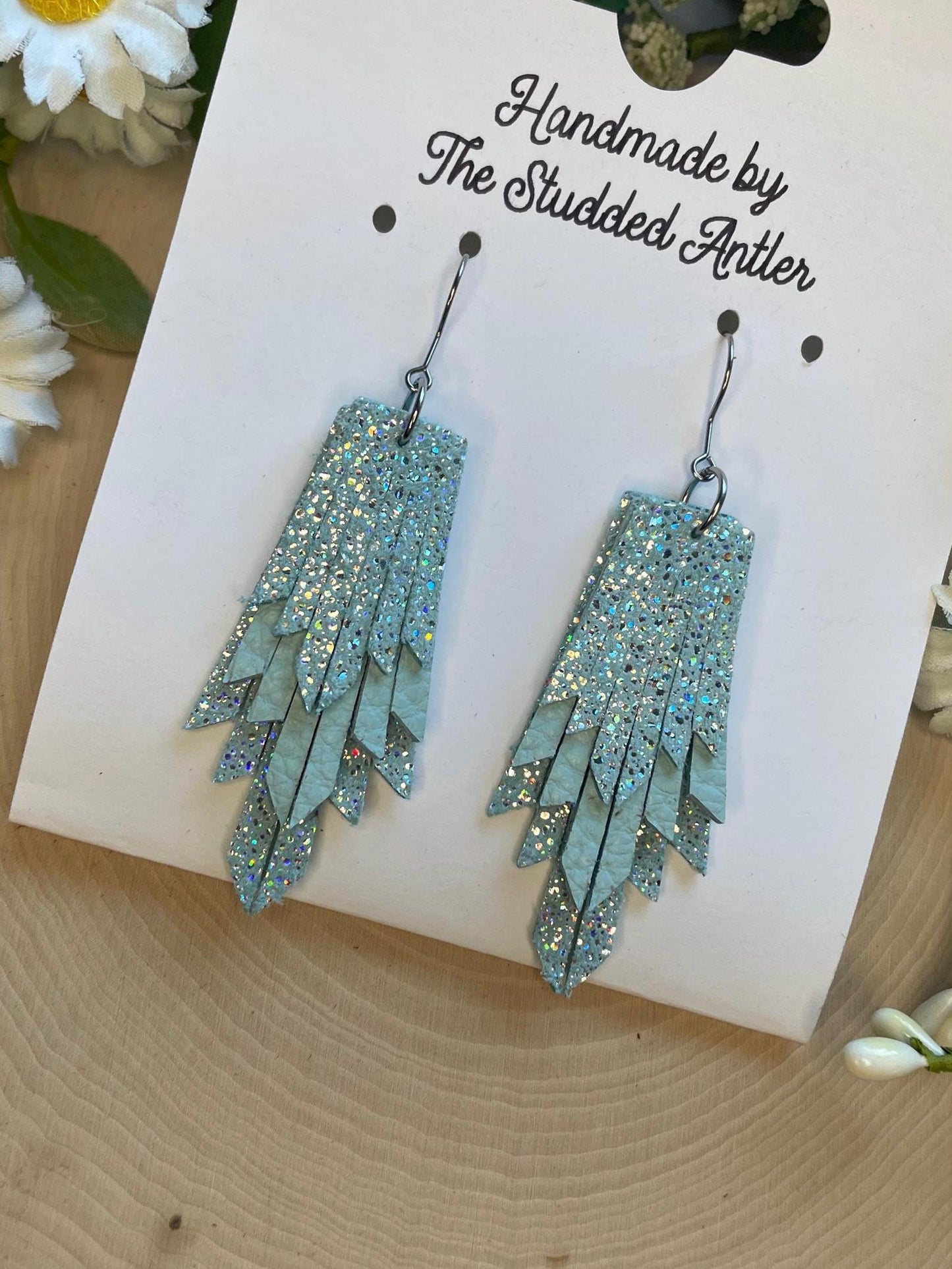 Fringe Feather Genuine Leather Earrings - Mint Blue Sparkle