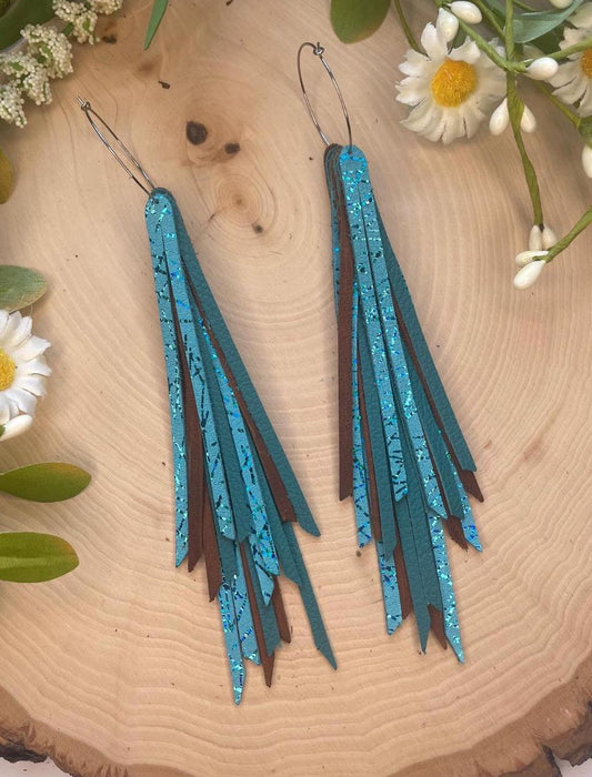 Leather feather earrings, layered fringe earrings, long statement earrings, hypoallergenic earrings, lightweight, gifts for wife