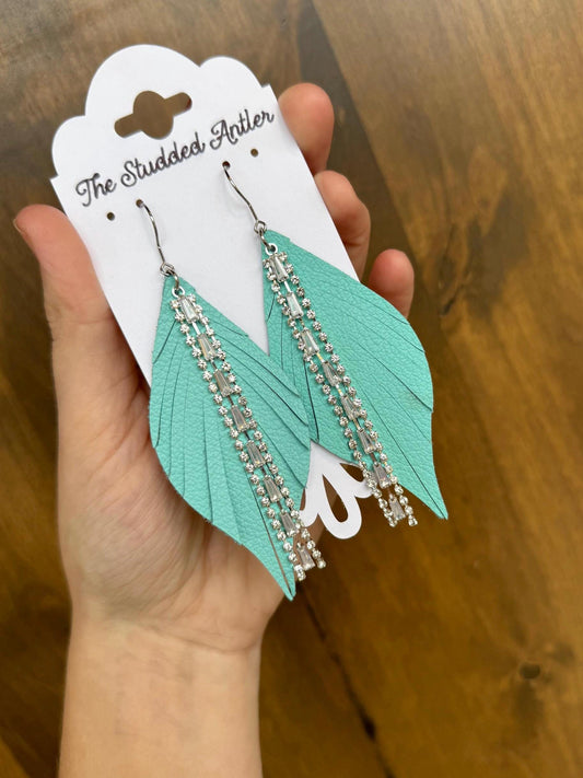 Fringe Feather Genuine Leather Earrings - Aqua Blue and Silver