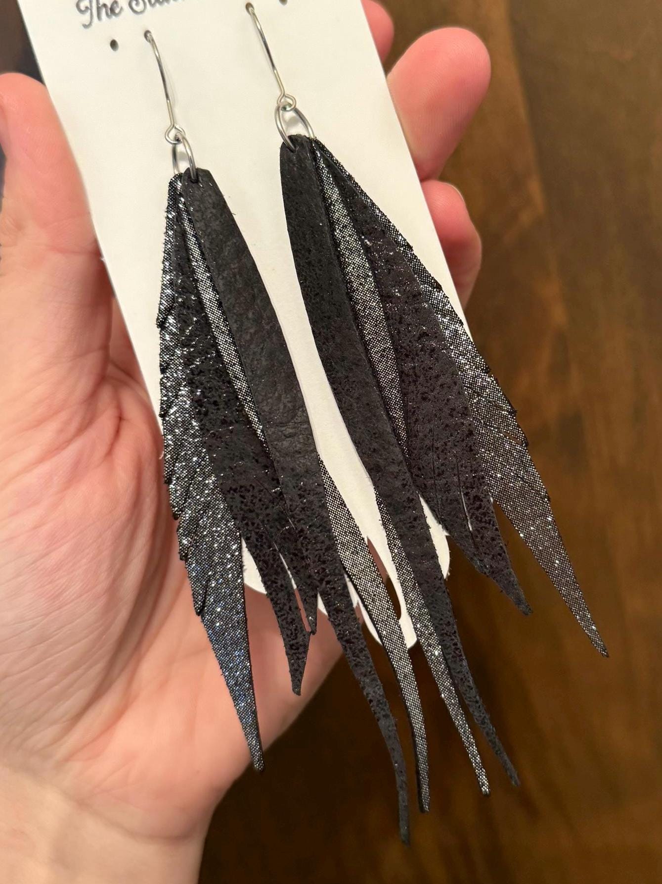 Fringe Feather Genuine Leather Earrings - Black Shimmer