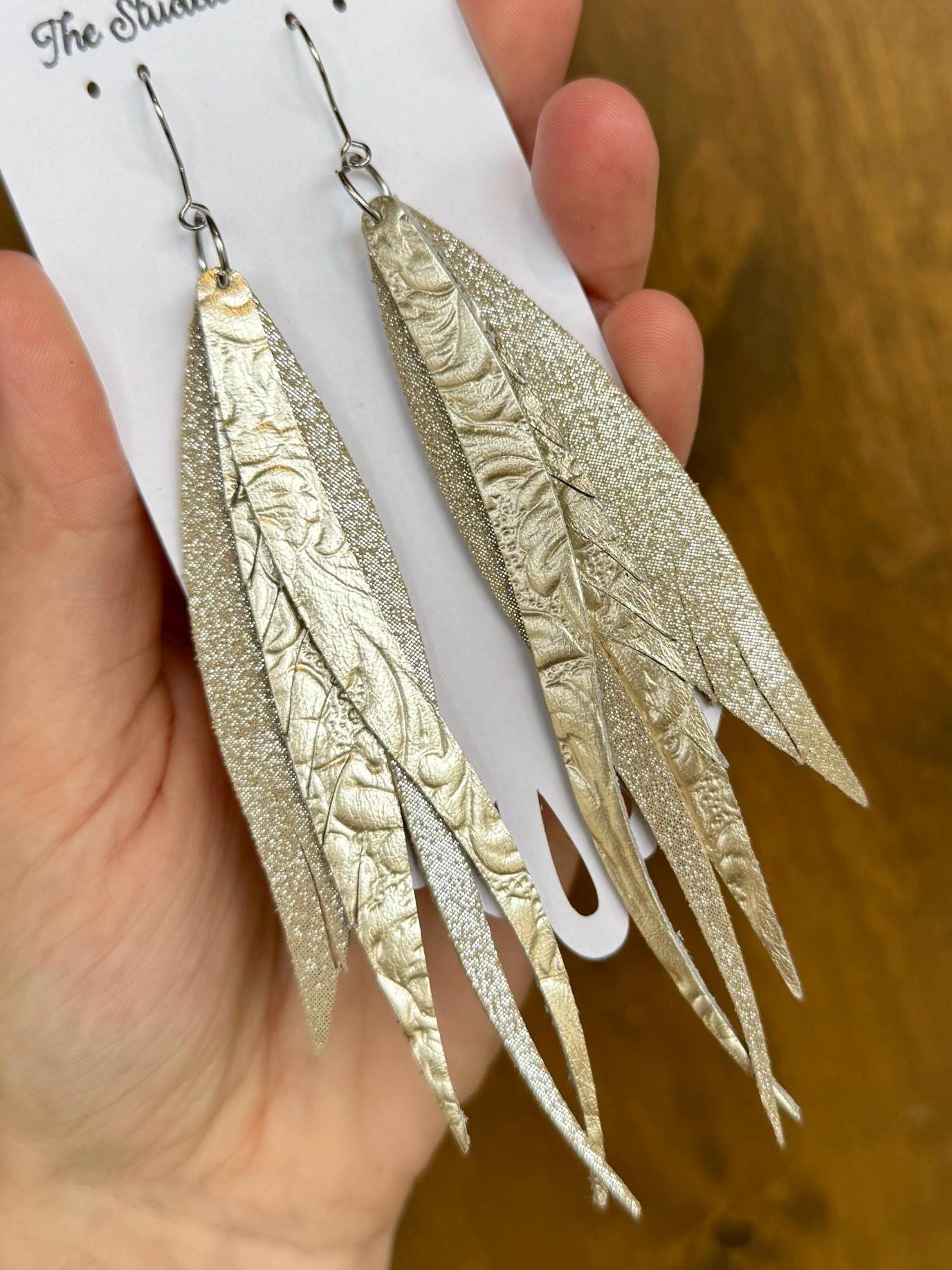 Fringe Feather Genuine Leather Earrings - Champagne Gold