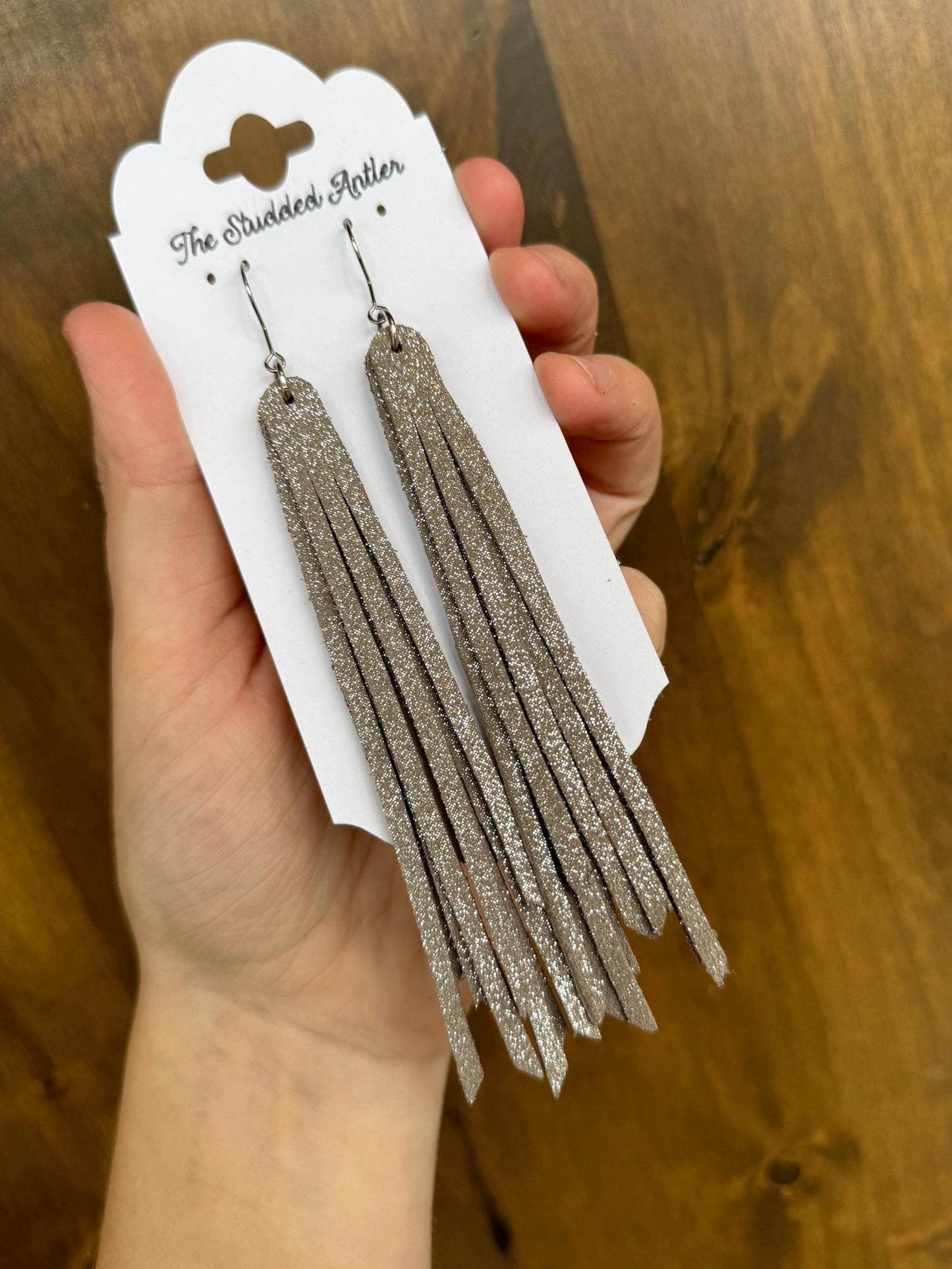 Fringe Feather Genuine Leather Earrings - Taupe Shimmer