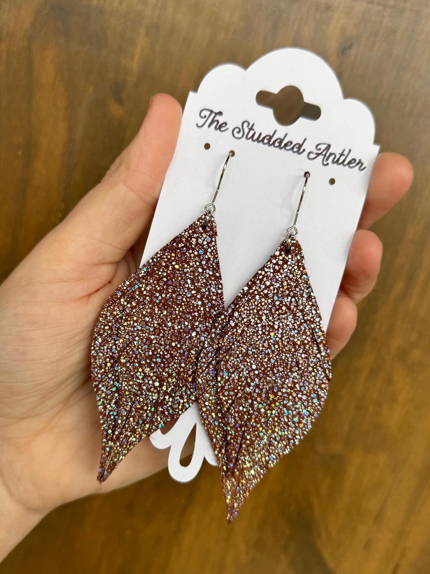 Fringe Feather Genuine Leather Earrings - Red brown Sparkle