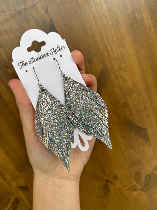 Fringe Feather Genuine Leather Earrings - Gray Sparkle