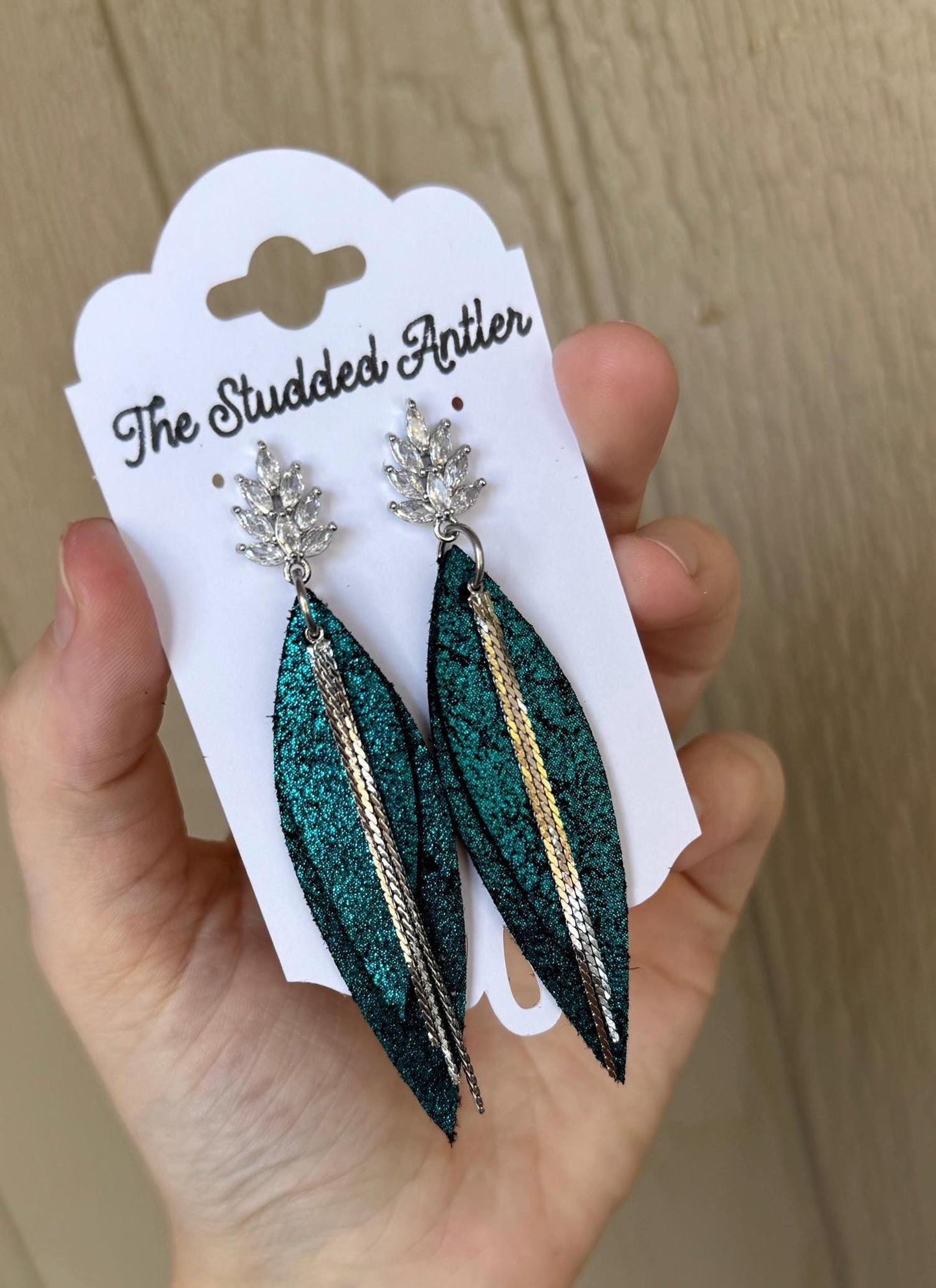 Fringe Feather Genuine Leather Earrings - Dark Teal and Silver