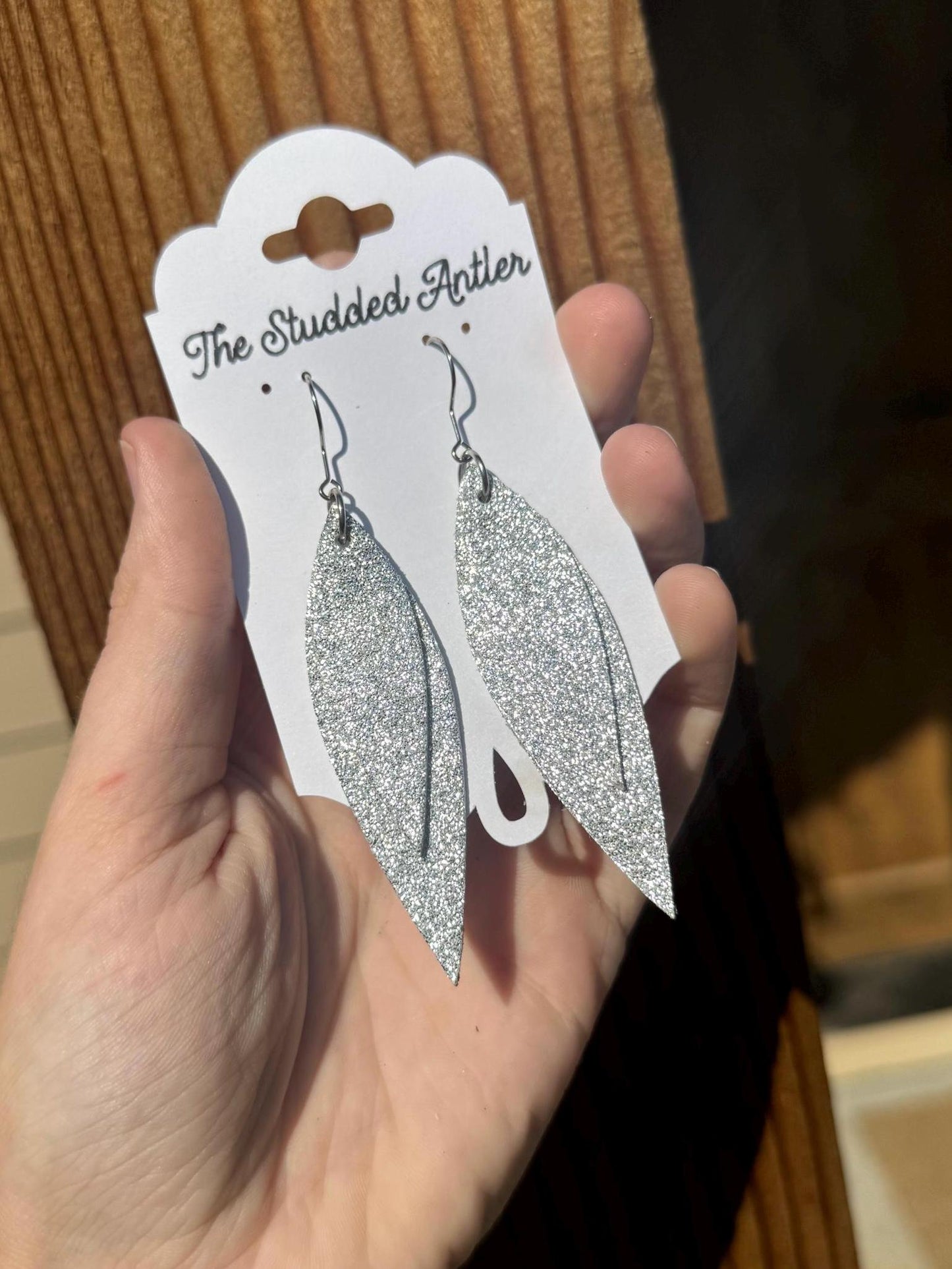 Teardrop Genuine Leather Earrings - Silver Glitter