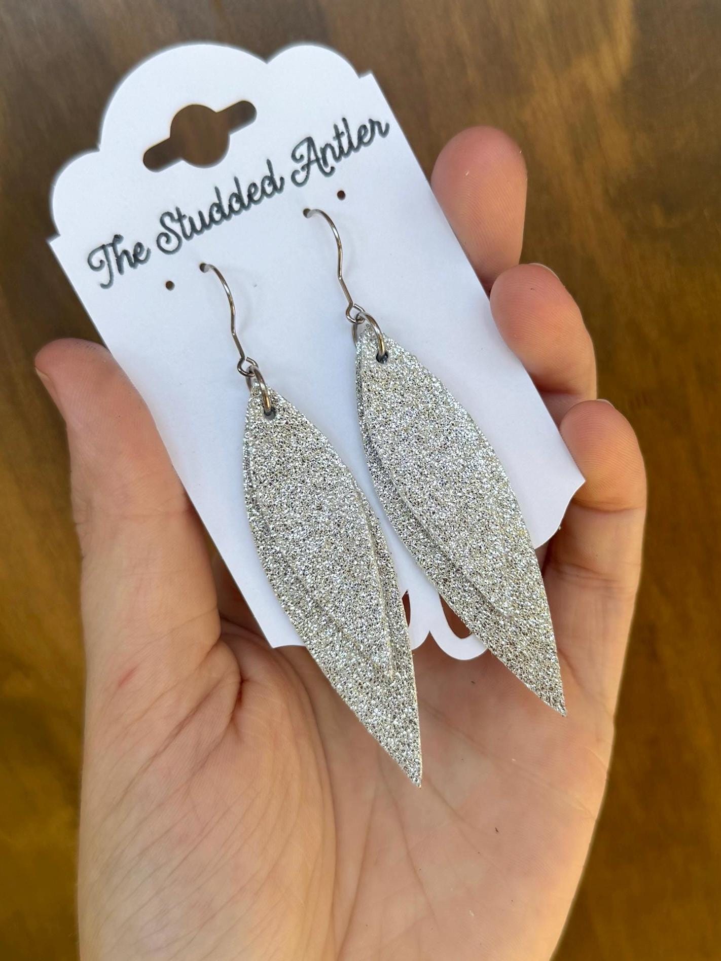 Teardrop Genuine Leather Earrings - Silver Glitter