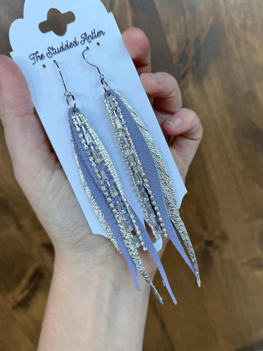 Fringe Feather Genuine Leather Earrings - Light purple and silver