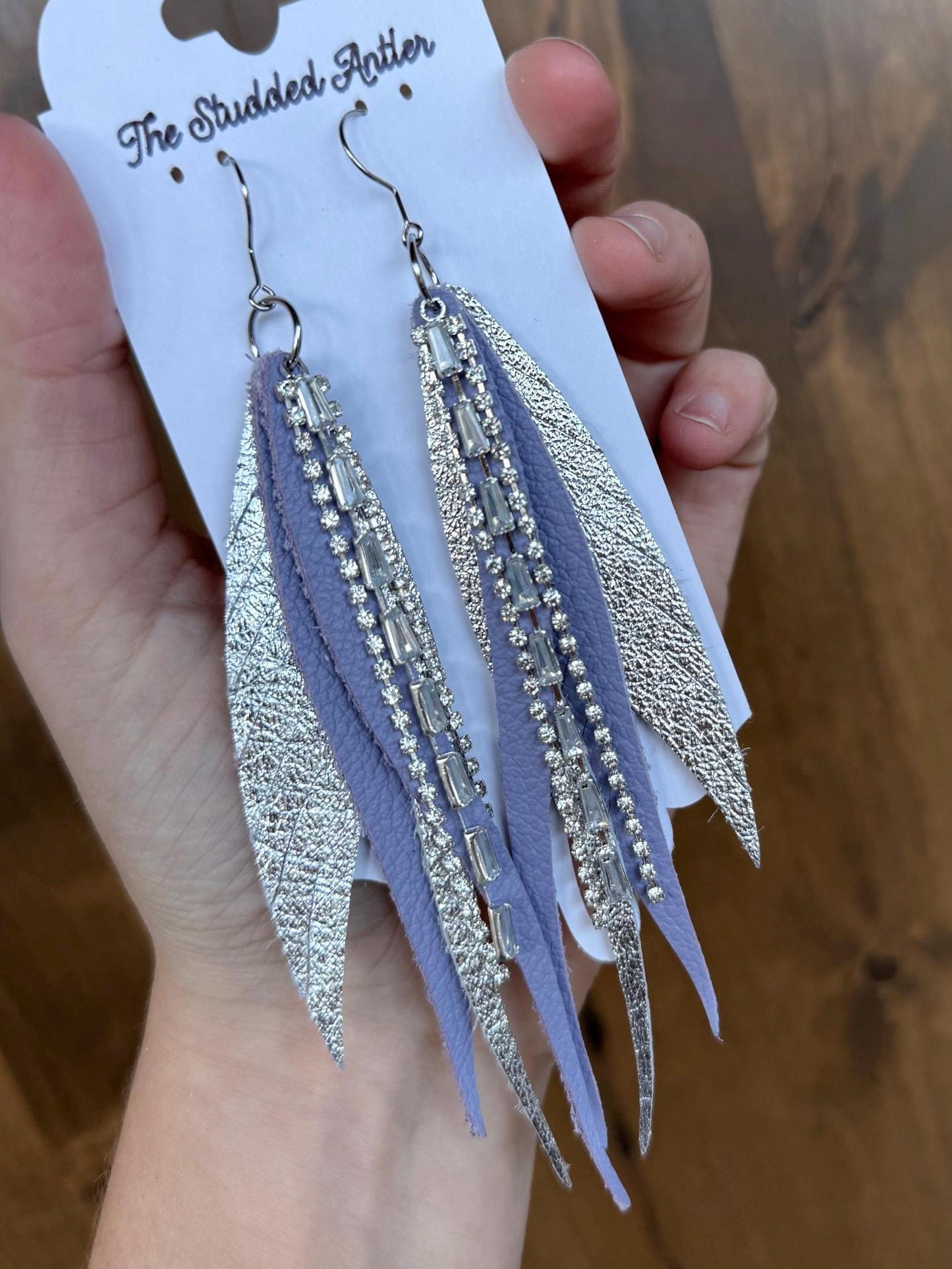 Fringe Feather Genuine Leather Earrings - Light purple and silver