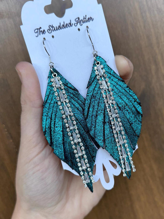 Fringe Feather Genuine Leather Earrings - Dark Teal Sparkle and silver