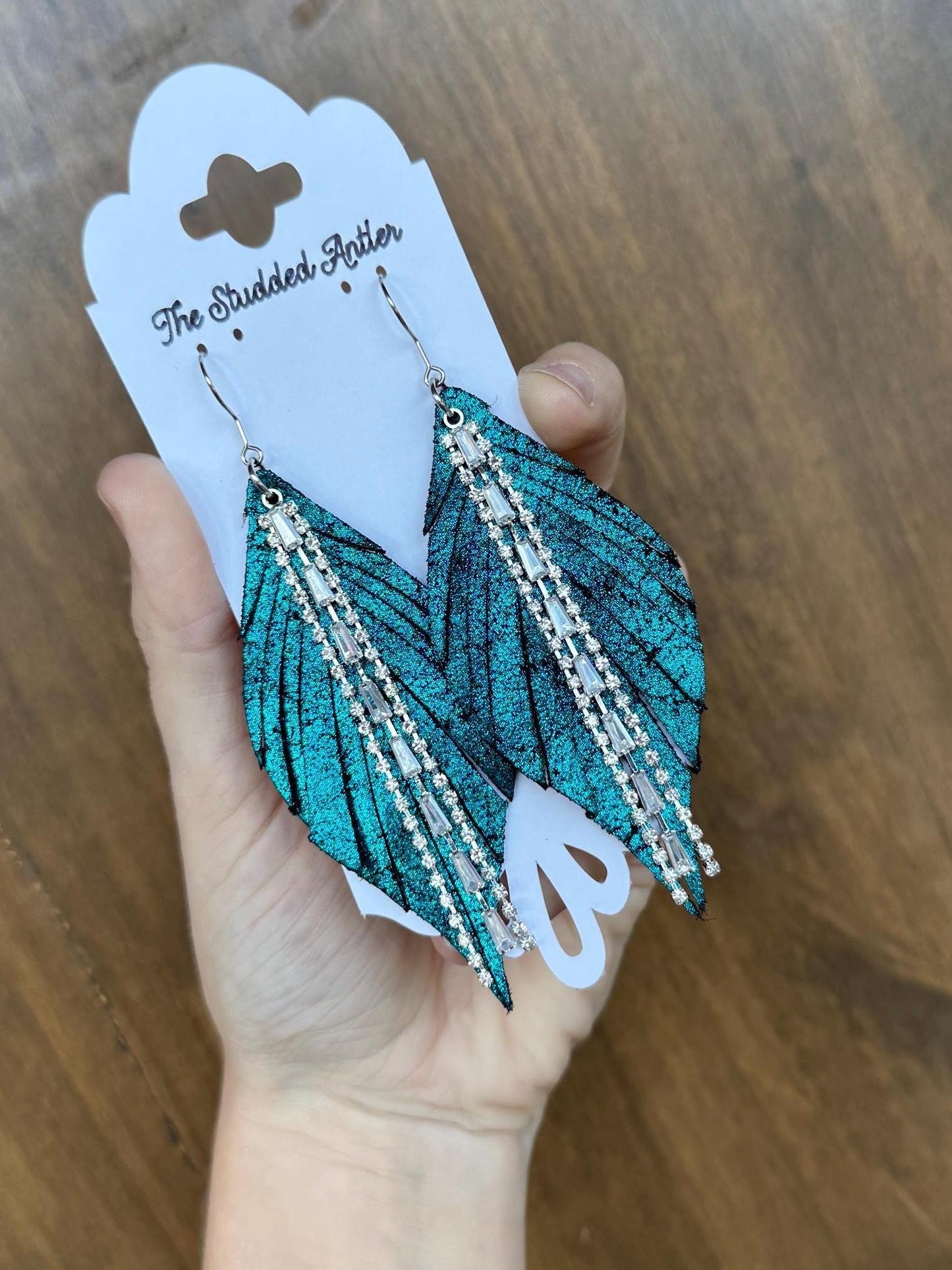 Fringe Feather Genuine Leather Earrings - Dark Teal Sparkle and silver