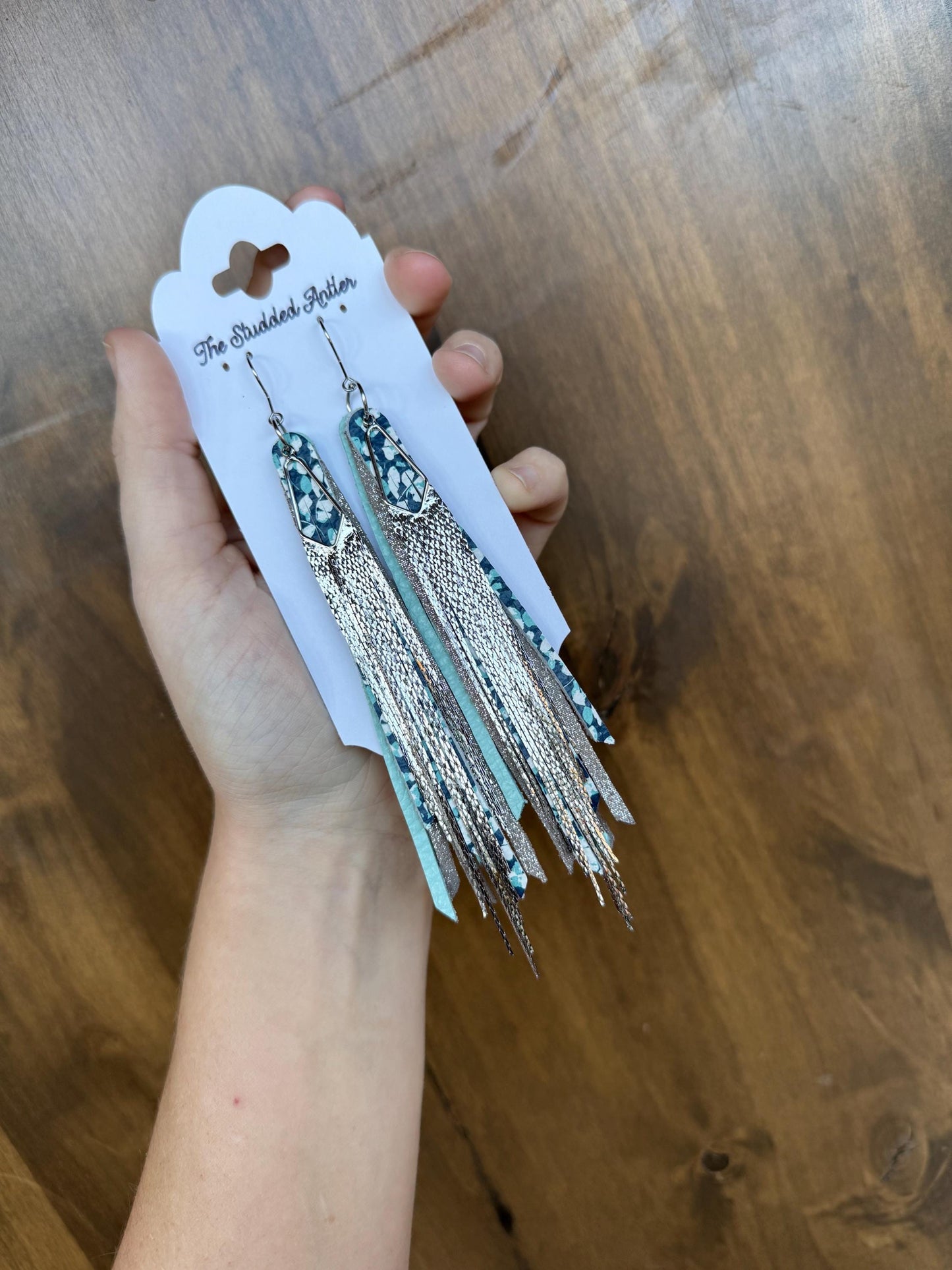 Western style leather earrings with silver tassels hypoallergenic 