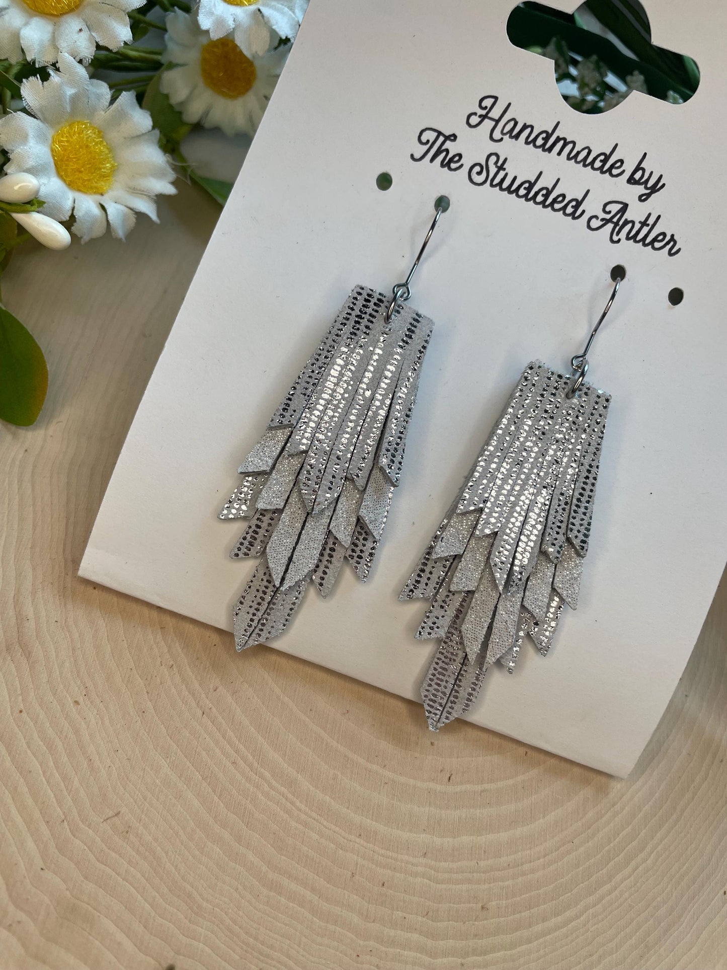 Fringe Feather Genuine Leather Earrings - White and Silver Metallic