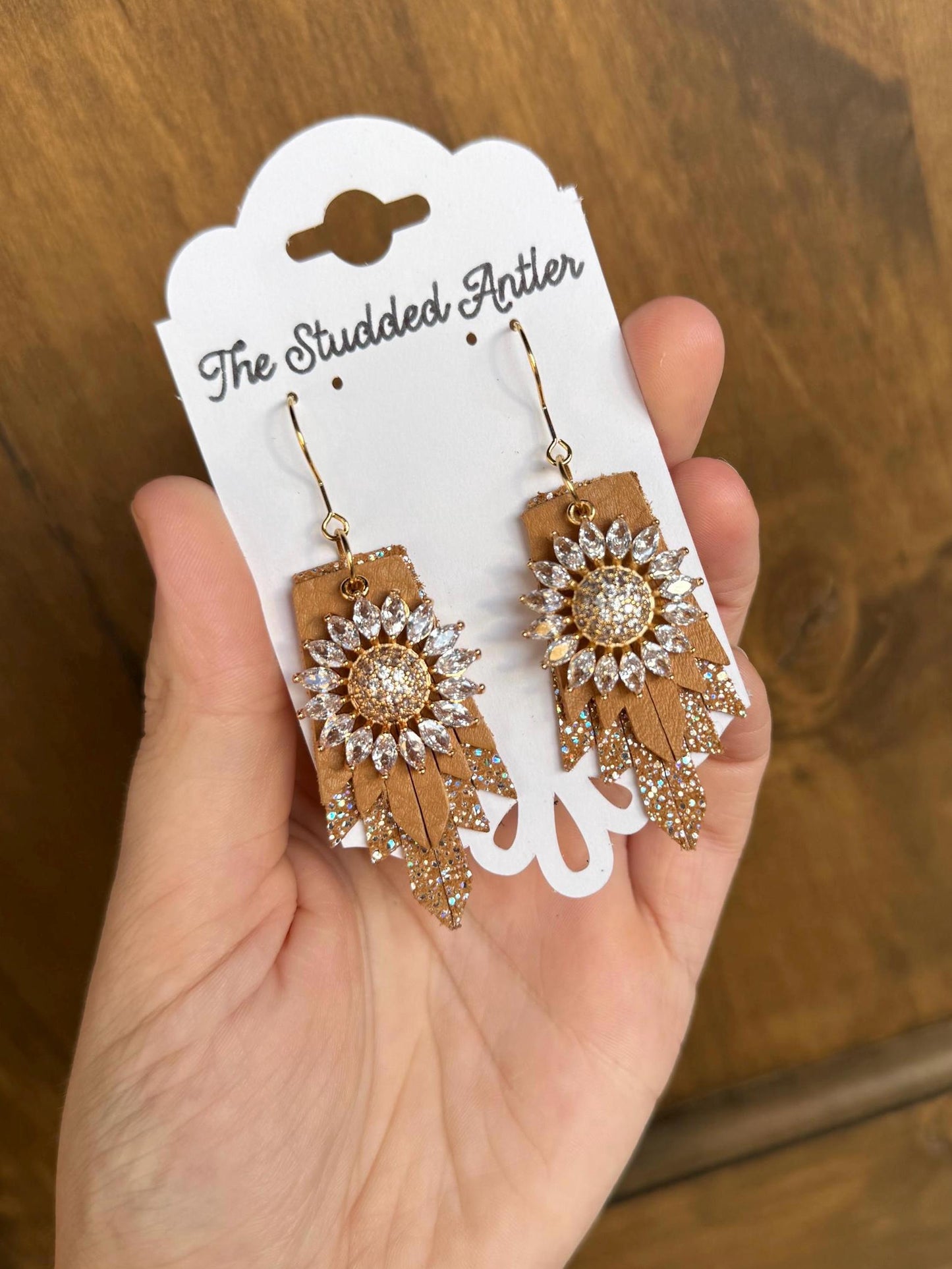 Fringe Feather Genuine Leather Earrings - Tan and Gold Sunflower