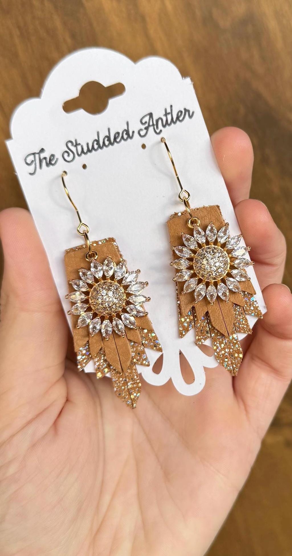 Fringe Feather Genuine Leather Earrings - Tan and Gold Sunflower