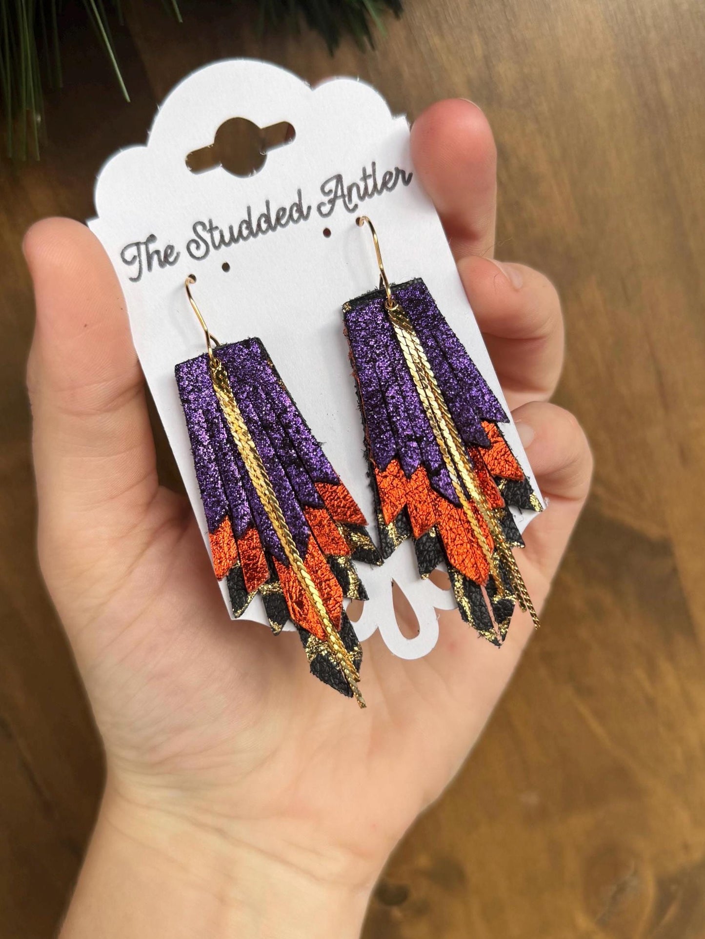 Fringe Feather Genuine Leather Earrings - Orange, Purple, Gold, and Black