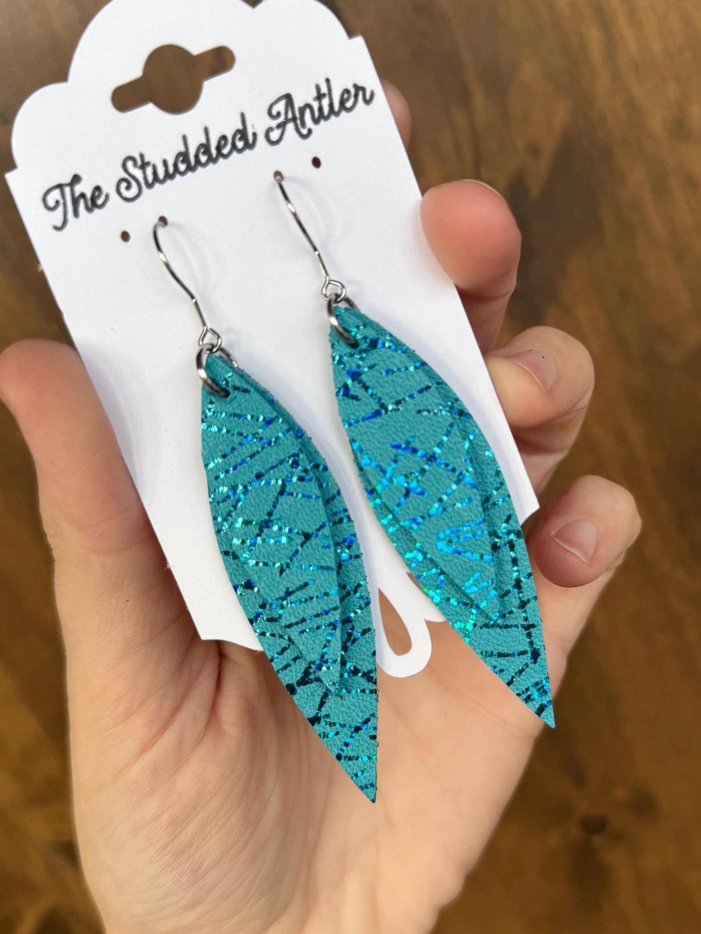 Teal Blue and metallic leather earrings, fringe feather earrings, short dangle leather earrings, boho leather earrings, teardrop earrings