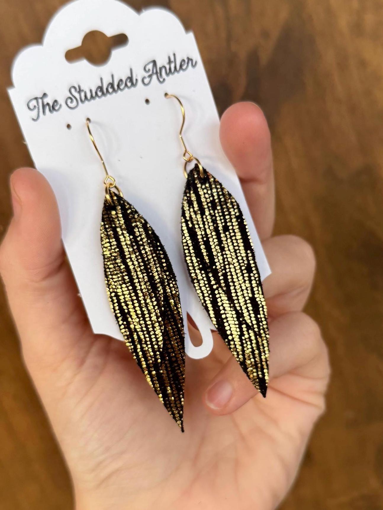 Gold and black metallic leather earrings, fringe feather earrings, short dangle leather earrings, boho leather earrings, teardrop earrings