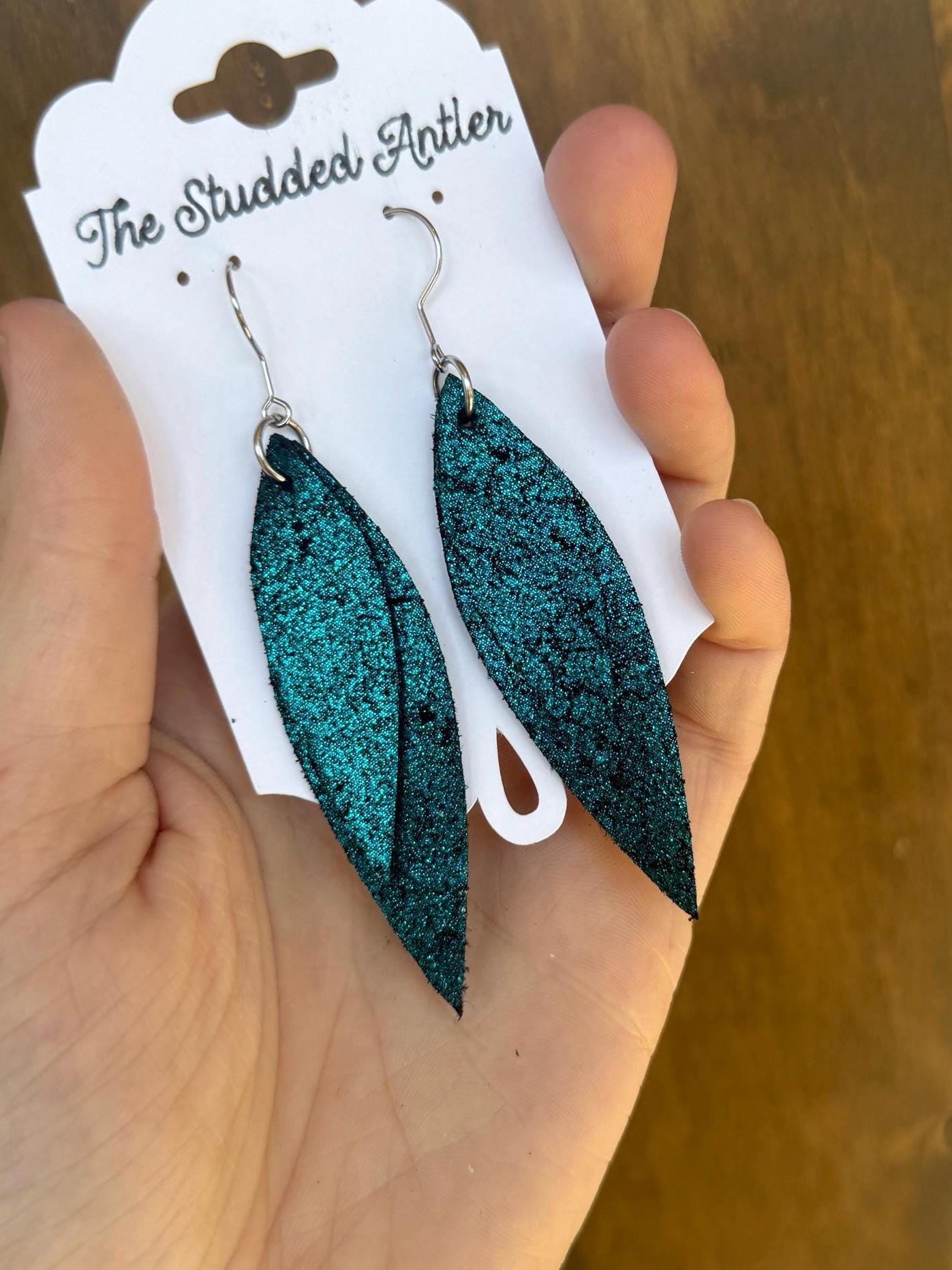 Teal leather earrings, oval earrings, pave CZ bling earring, boho, rustic, dangle long earring, metallic, lightweight, hypoallergenic