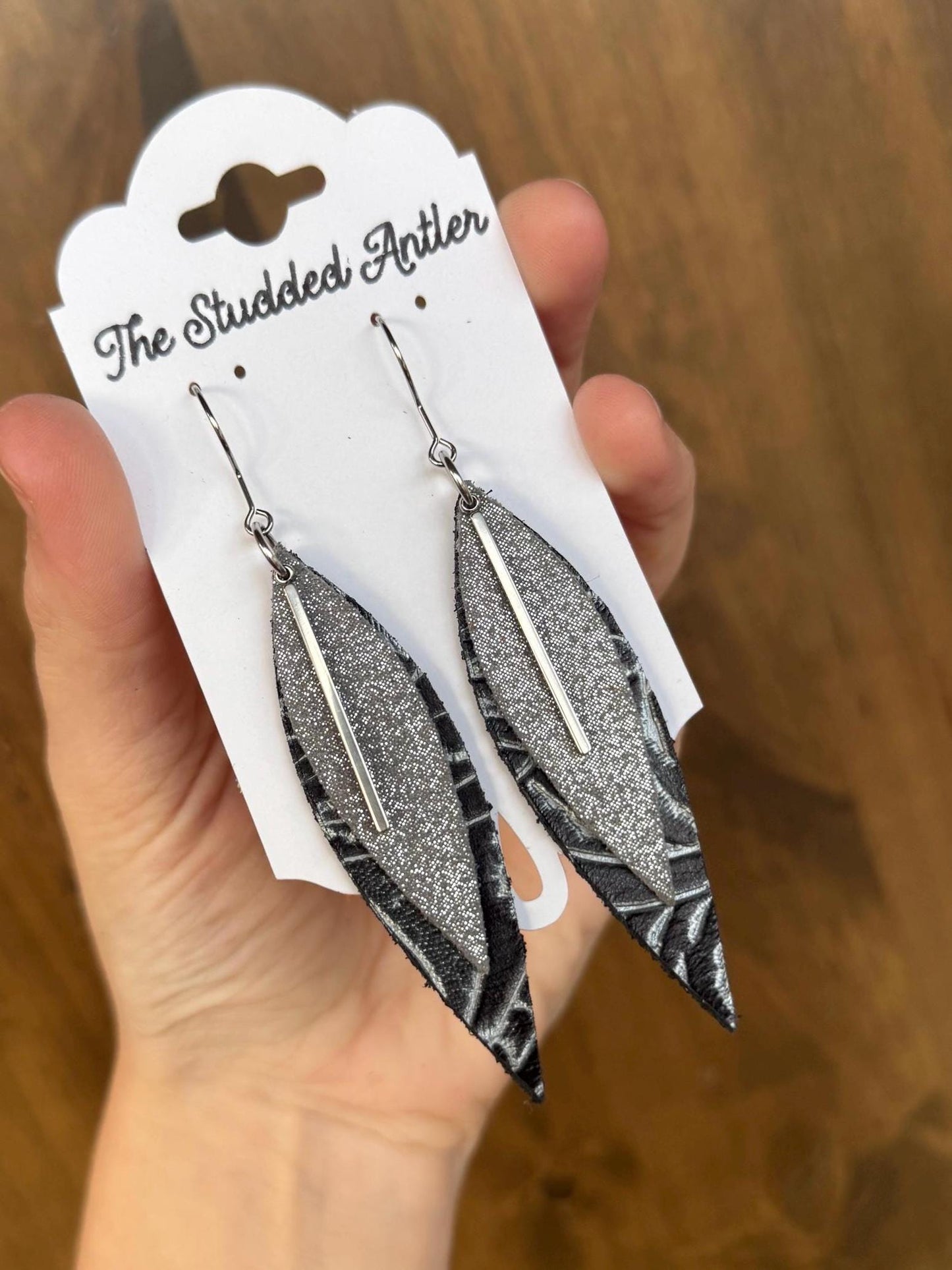 Silver Gray and black leather earrings, fringe feather earrings, short dangle leather earrings, boho leather earrings, teardrop earrings