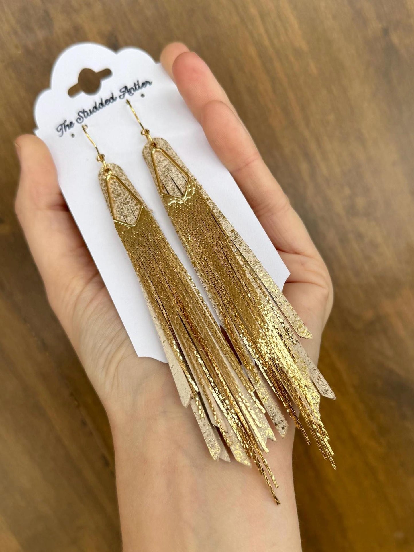Fringe Feather Genuine Leather Earrings - Gold Shimmer