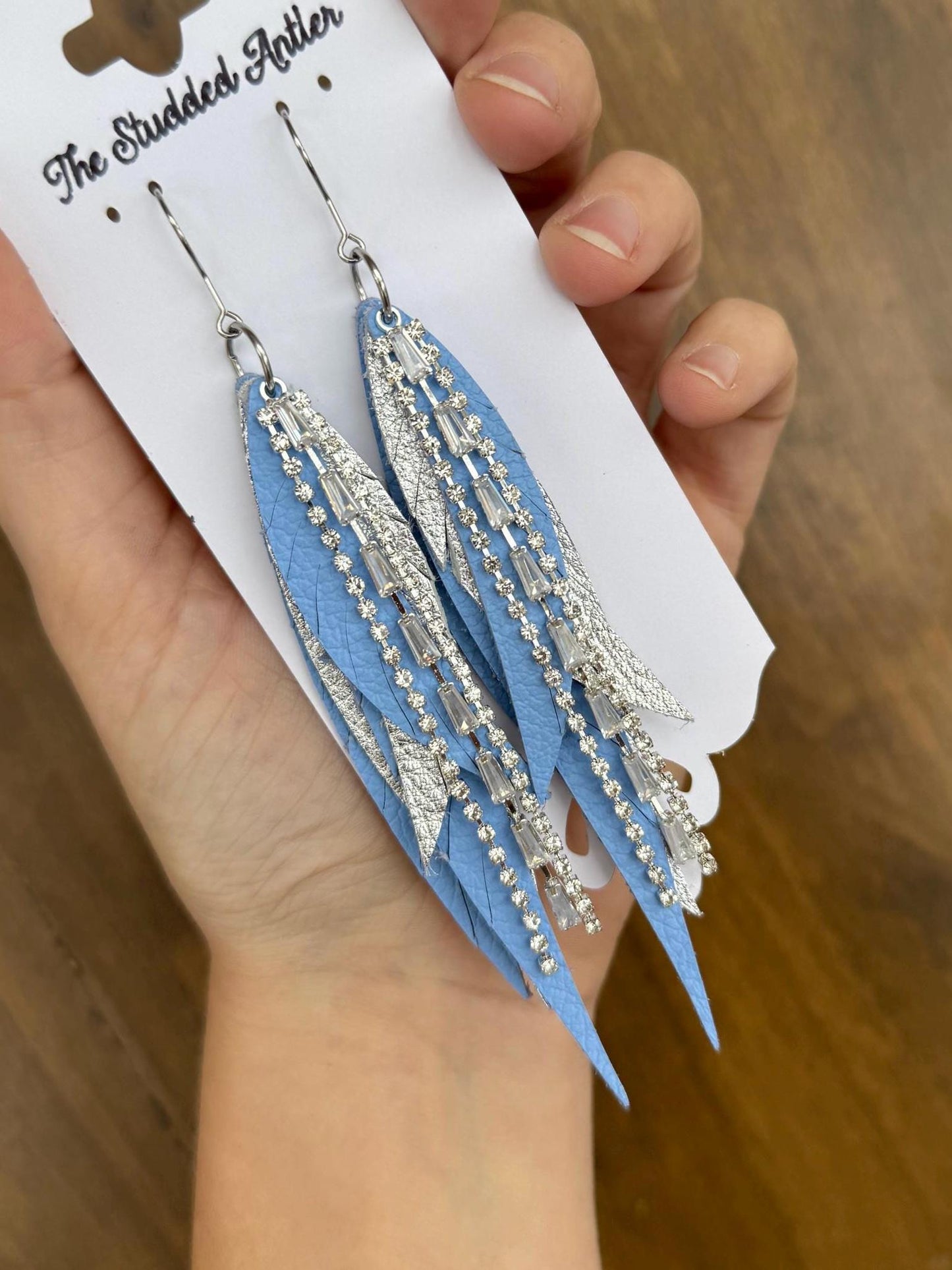 Fringe Feather Genuine Leather Earrings - Blue and Silver